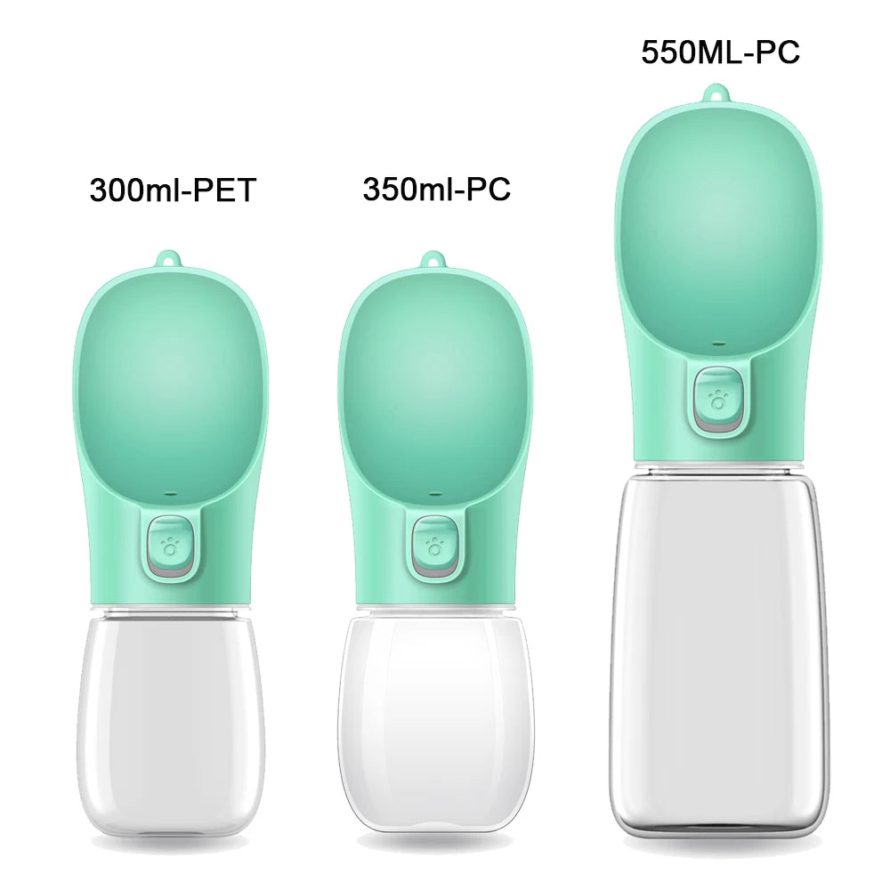 Turquoise pet water bottle set showing three sizes with flip drinking top