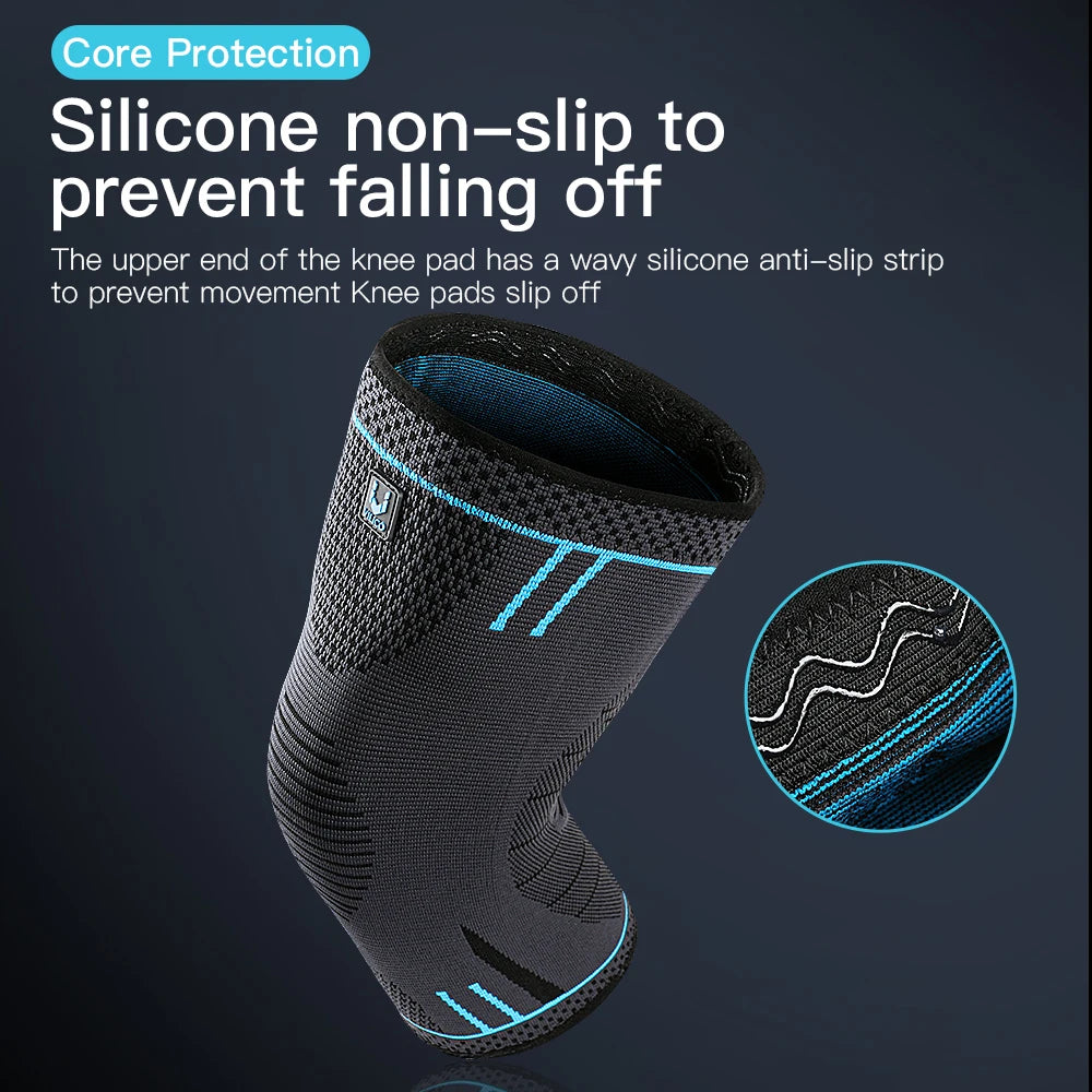 Black compression knee sleeve with blue accents and silicone anti-slip grip strip