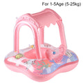 Pink inflatable pool float with canopy and cartoon sea animals, wide ring base