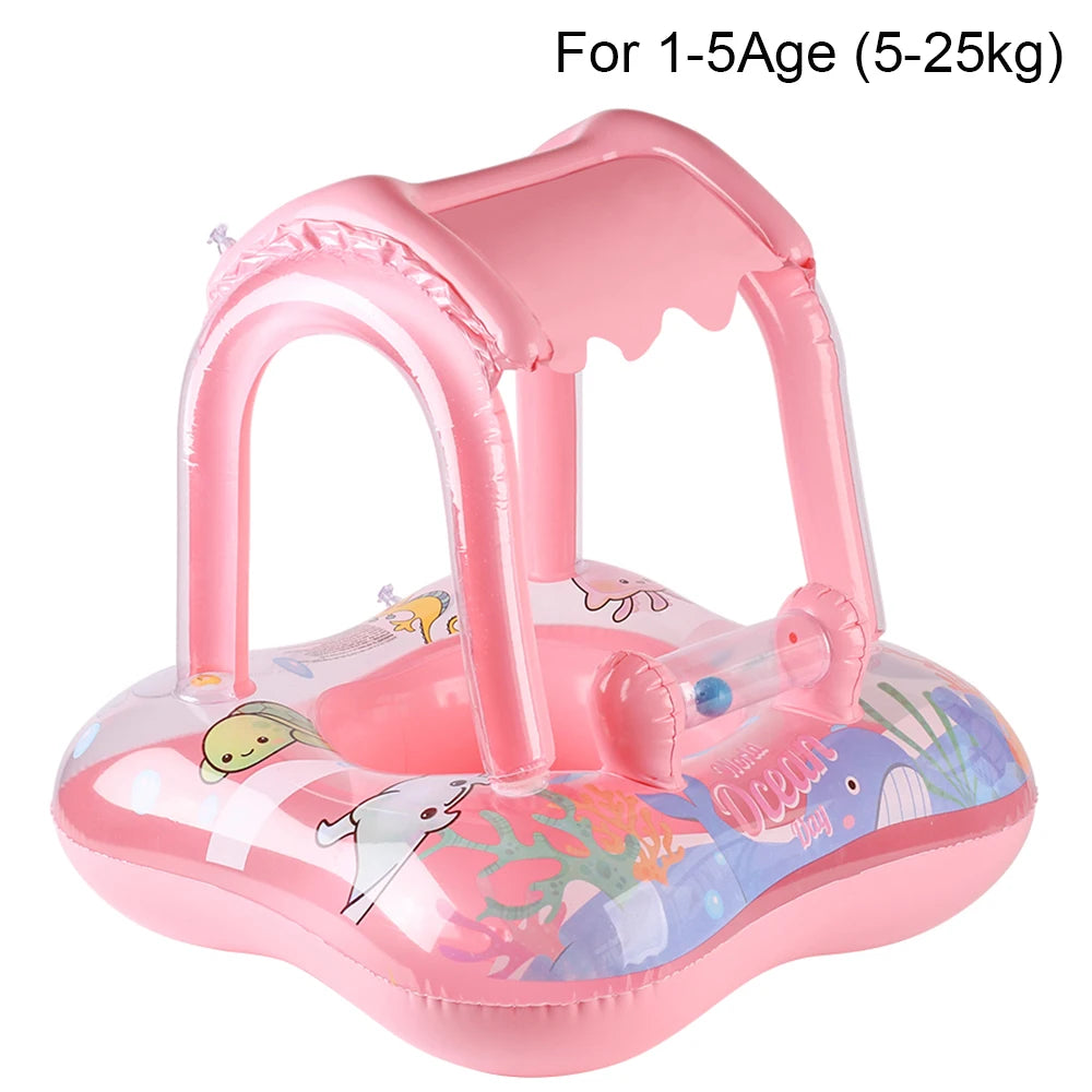 Pink inflatable pool float with canopy and cartoon sea animals, wide ring base