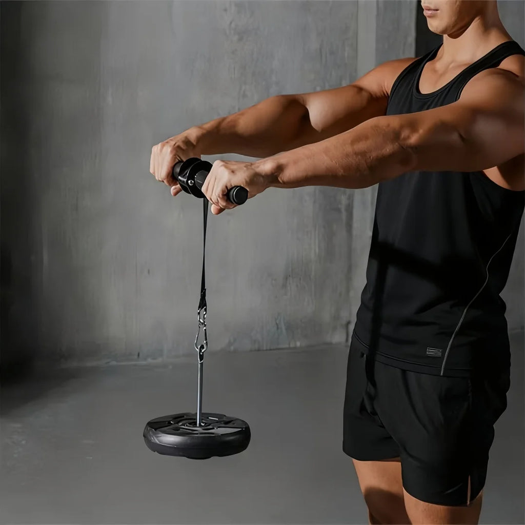 Adjustable forearm and wrist strength trainer with black foam handle and hanging weight plate