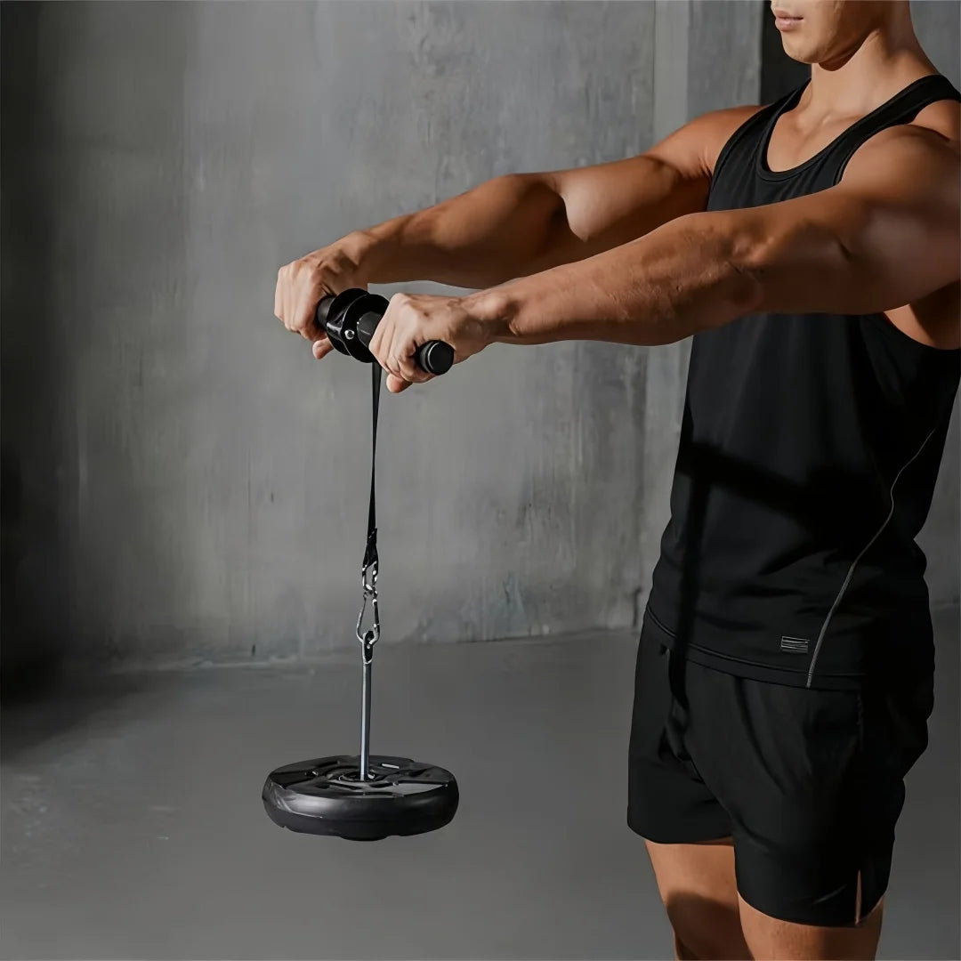 Adjustable forearm and wrist strength trainer with black foam handle and hanging weight plate