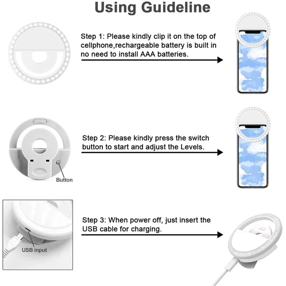 USB LED selfie ring light setup steps with USB input and switch controls