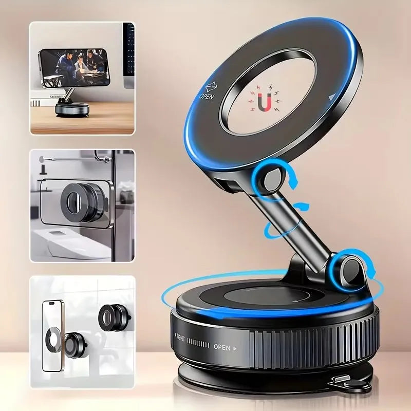 Magnetic car phone holder with foldable arm and circular base, blue accent ring