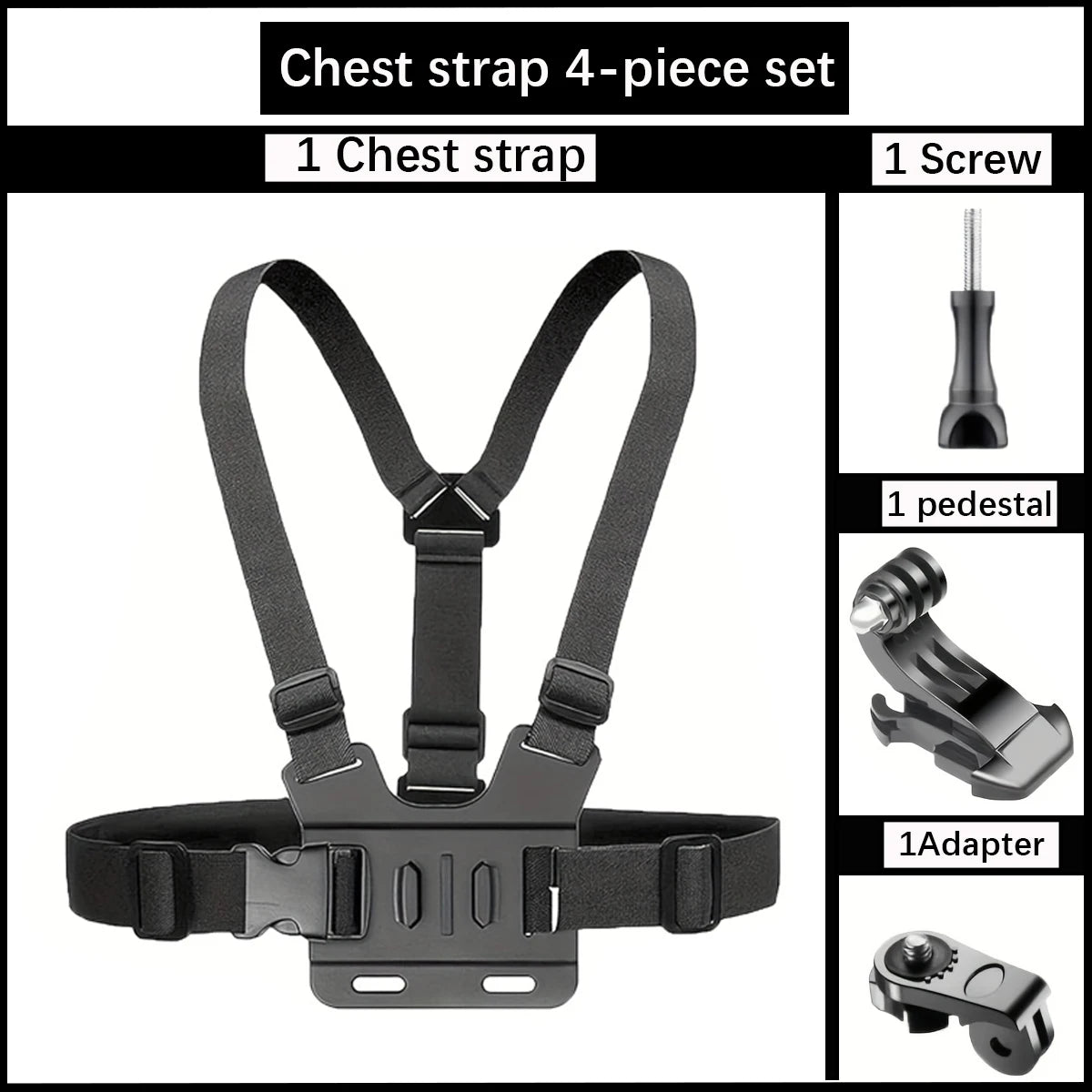Chest strap 4-piece set with dark gray harness and camera mount pedestal and adapter