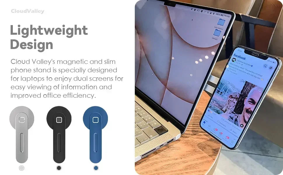 Slim foldable magnetic phone holder in dark gray, with stand bar and base