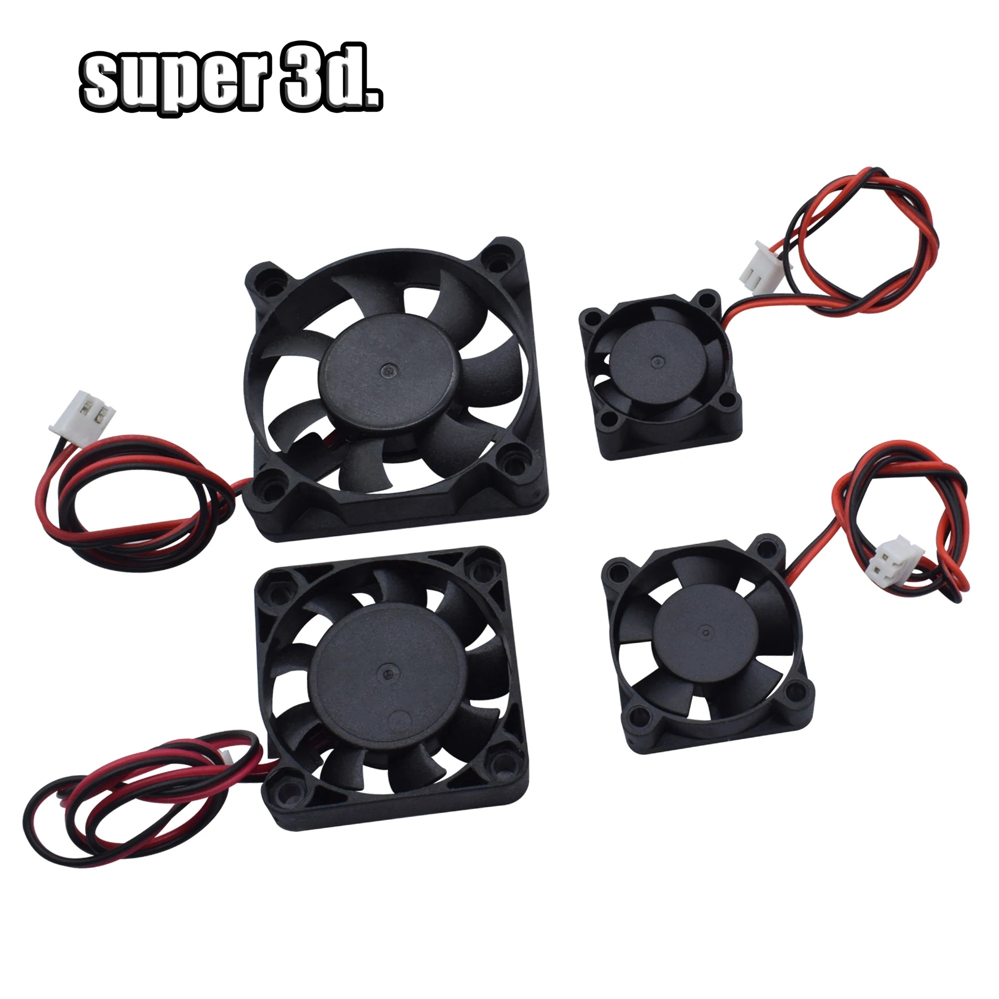 Set of black DC brushless cooling turbo fans with red wire leads and connectors.