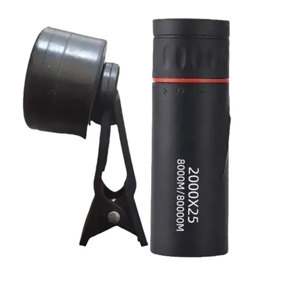 Black monocular telescope with red ring and built-in tripod stand, side-by-side view