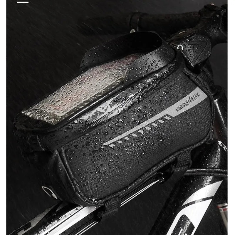Black waterproof textured bike frame bag with rain-dotted surface and front zipper