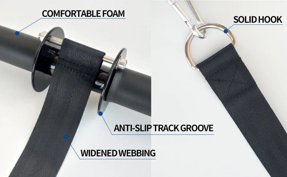 Black foam grip with widened anti-slip webbing strap and solid metal hook for trainer