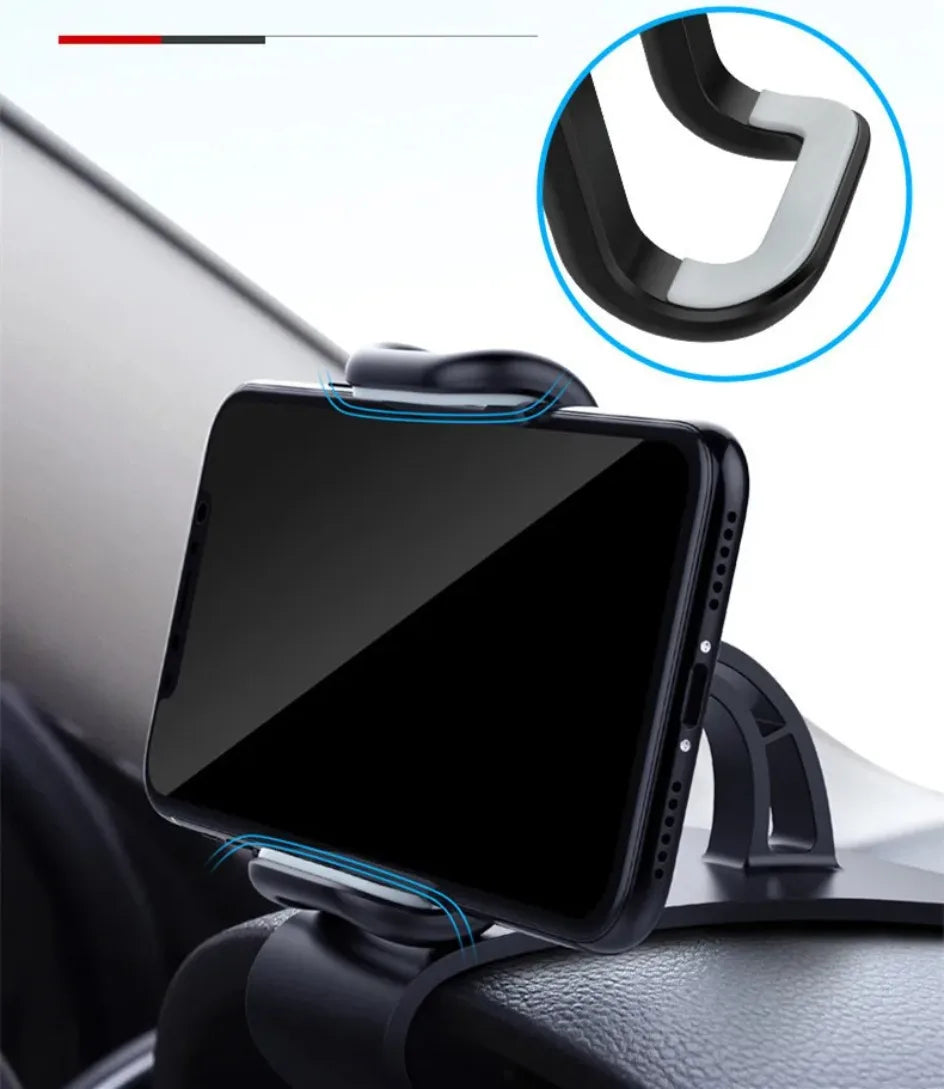 Black dashboard phone holder holding a phone with secure side clamps