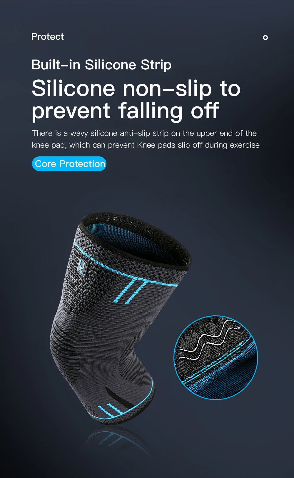 Black knee brace sleeve with silicone anti-slip strip and blue curved stripes