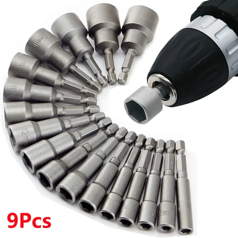 9-piece hex socket sleeve nozzle set with nut driver and screwdriver bit holder