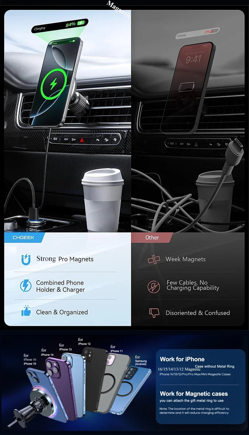 Black magnetic wireless car phone holder and charger with air-vent clip, shown in use