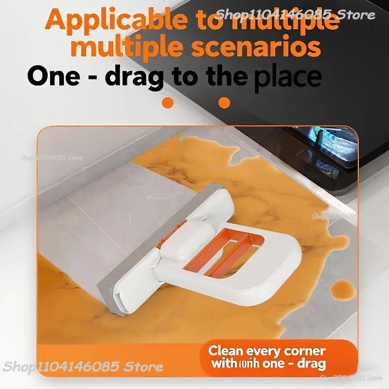 Desktop mop with orange insert removing corner stains with one-drag motion