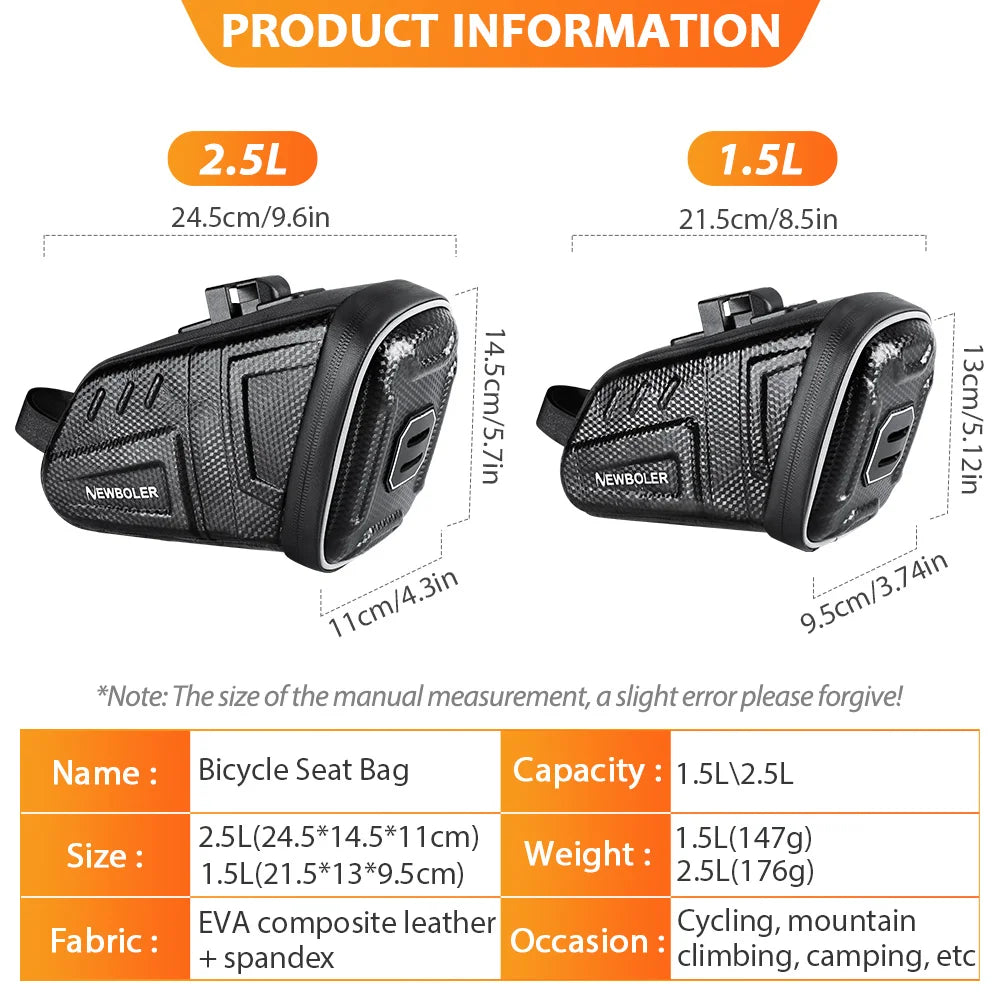 Waterproof bicycle seat bag in 1.5L/2.5L sizes, black hard shell with reflective design