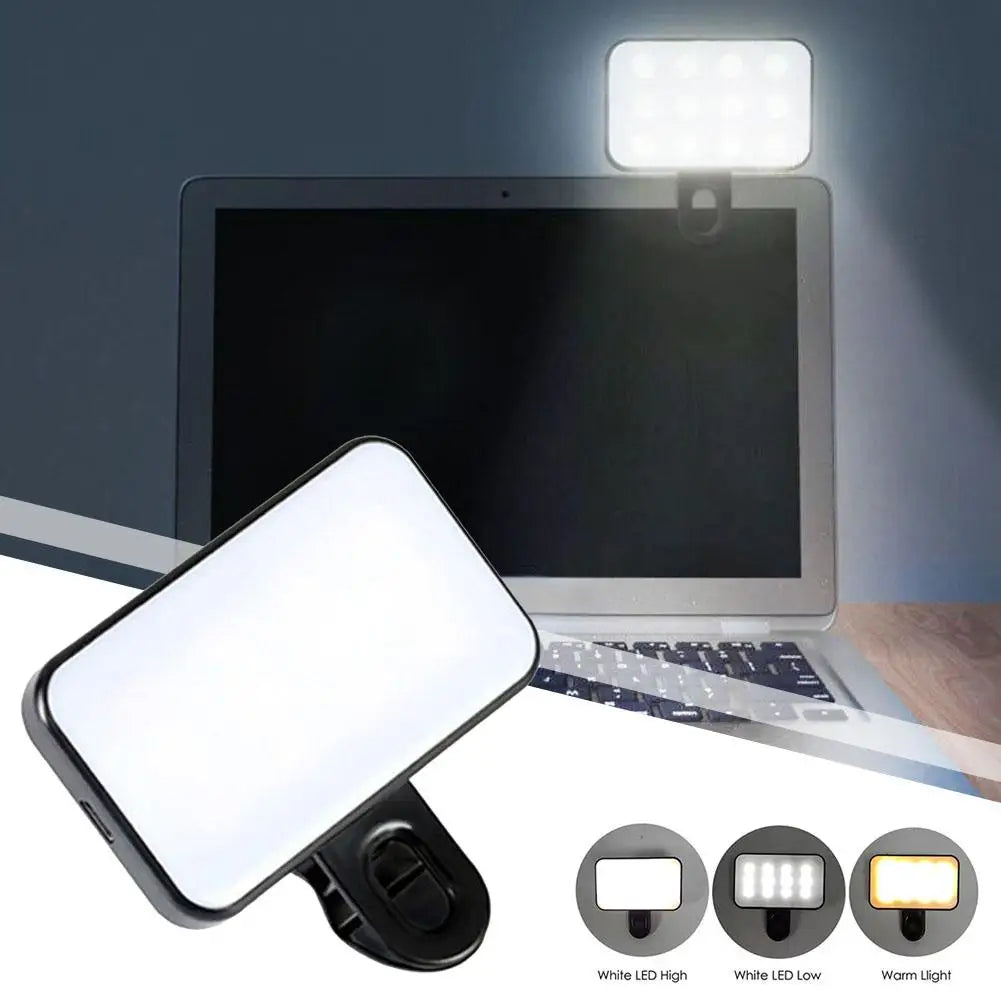 Pocket LED selfie light with clip, square diffused light panel for phone or laptop