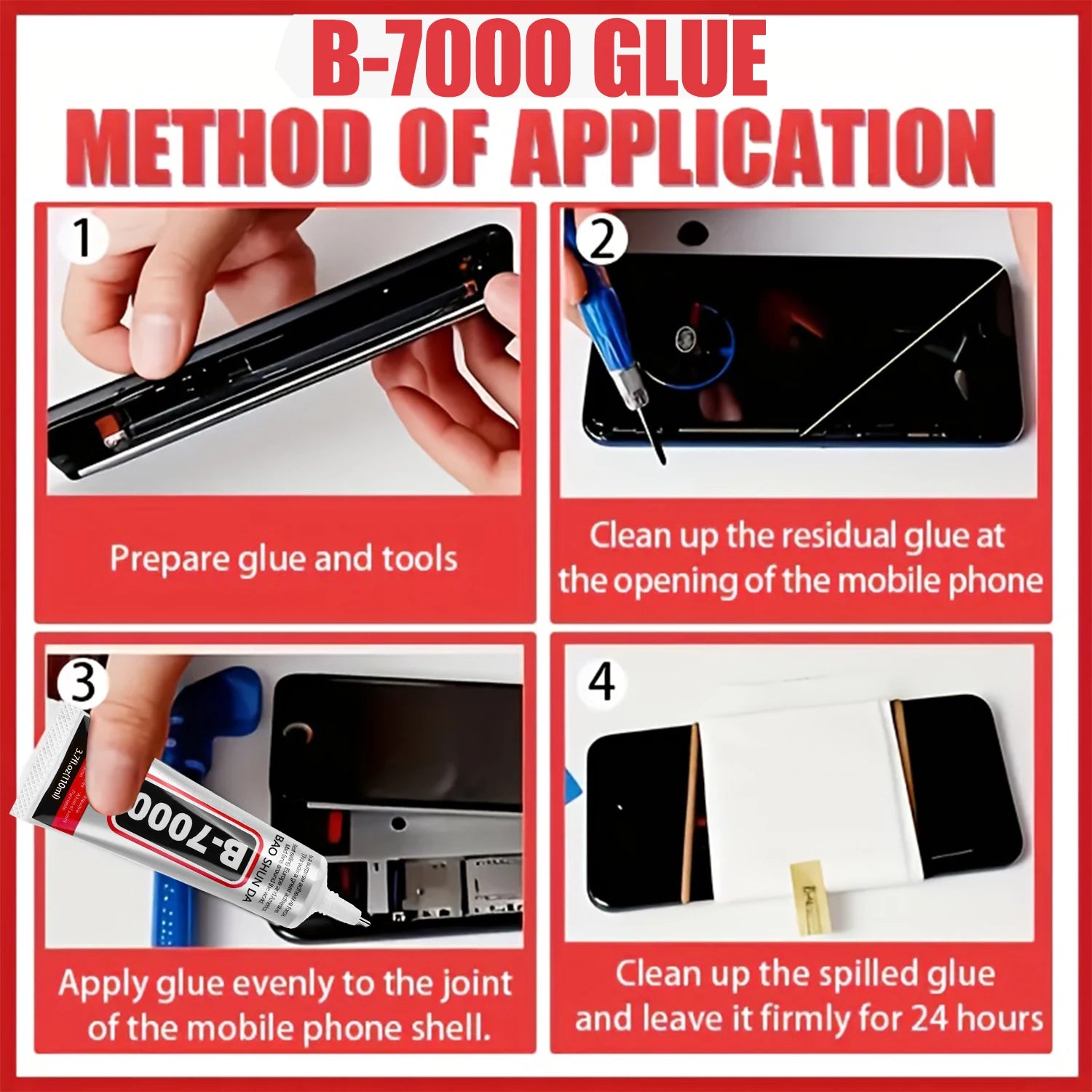 Glue method steps showing adhesive application for phone screen and residue cleanup