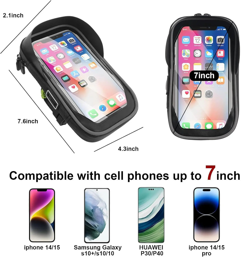 Black waterproof handlebar phone bag with size guide markings and clear screen cover