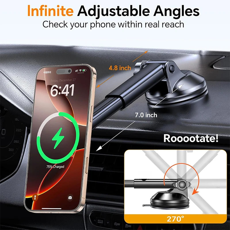 Black magnetic wireless car phone charger holder with suction mount and adjustable arm
