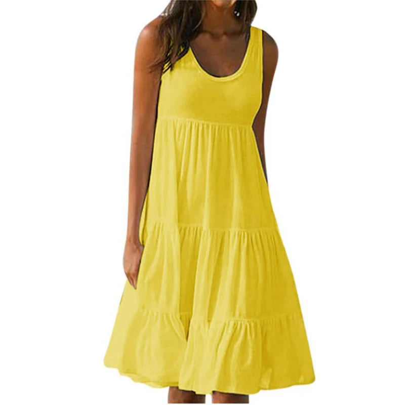 Yellow sleeveless mini dress with tiered ruffle skirt and scoop neckline