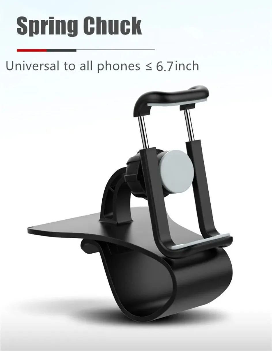 Black 360° car phone holder stand with rotatable grip clamp and spring base