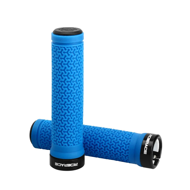 Blue rubber bicycle handlebar grips with textured pattern and locking end caps