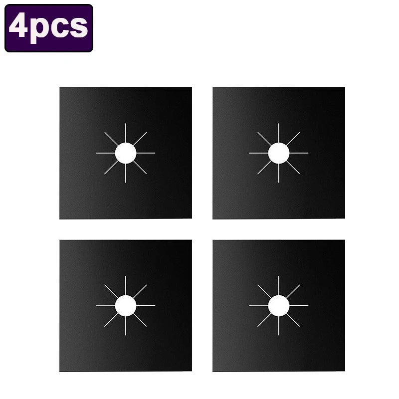 Set of 4 reusable stove protector pads, black squares with burner pattern icons