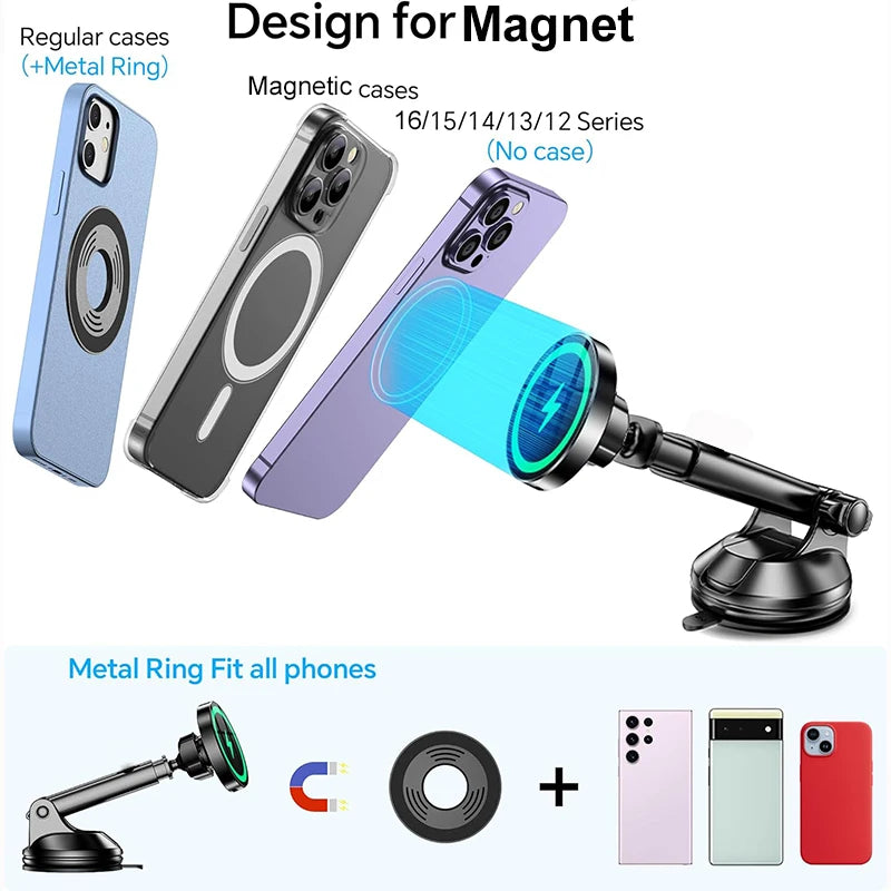 Black magnetic wireless car phone charger with disc head and metal-ring case phones