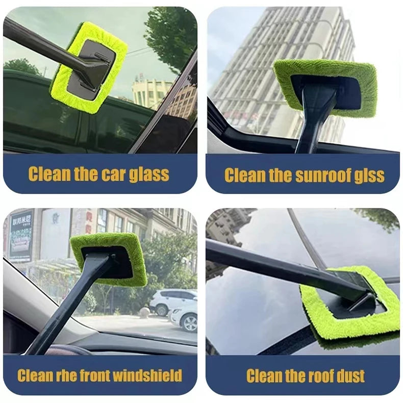 Car window cleaning brush with green microfiber pad for cleaning car glass and roof.