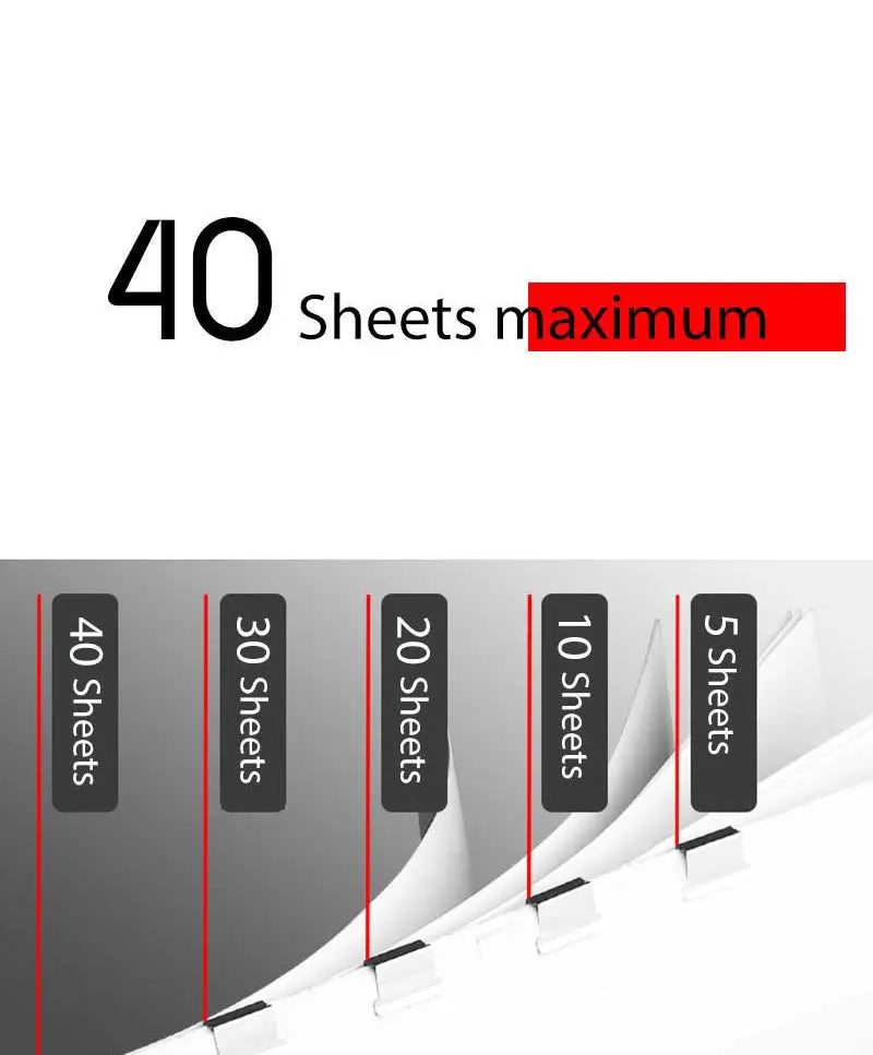 Mini push stapler clip set shown with capacity for up to 40 sheets