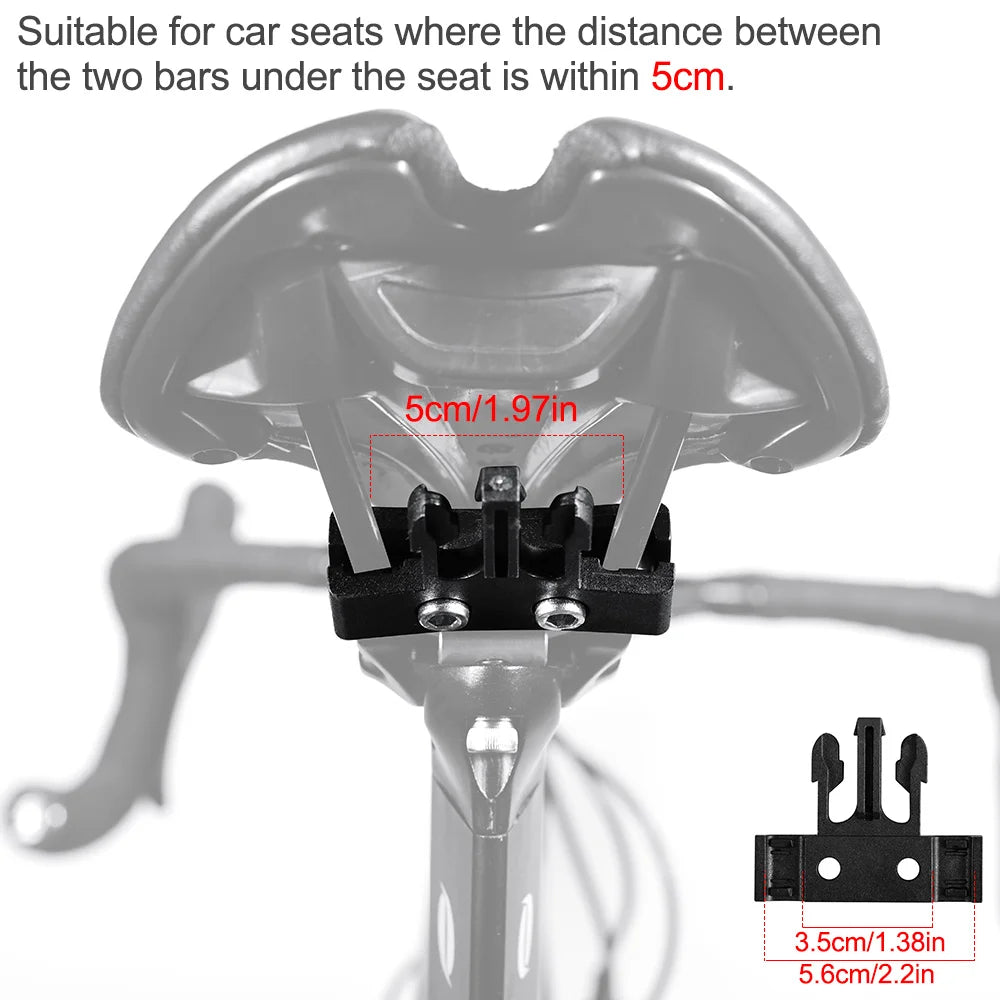 Bicycle saddle bag rear mount system showing bracket spacing for fork bars under the seat