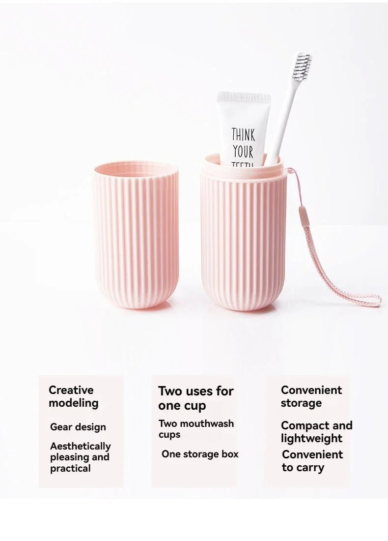 Pink ribbed travel toothbrush holder cups with toothbrushes and strap