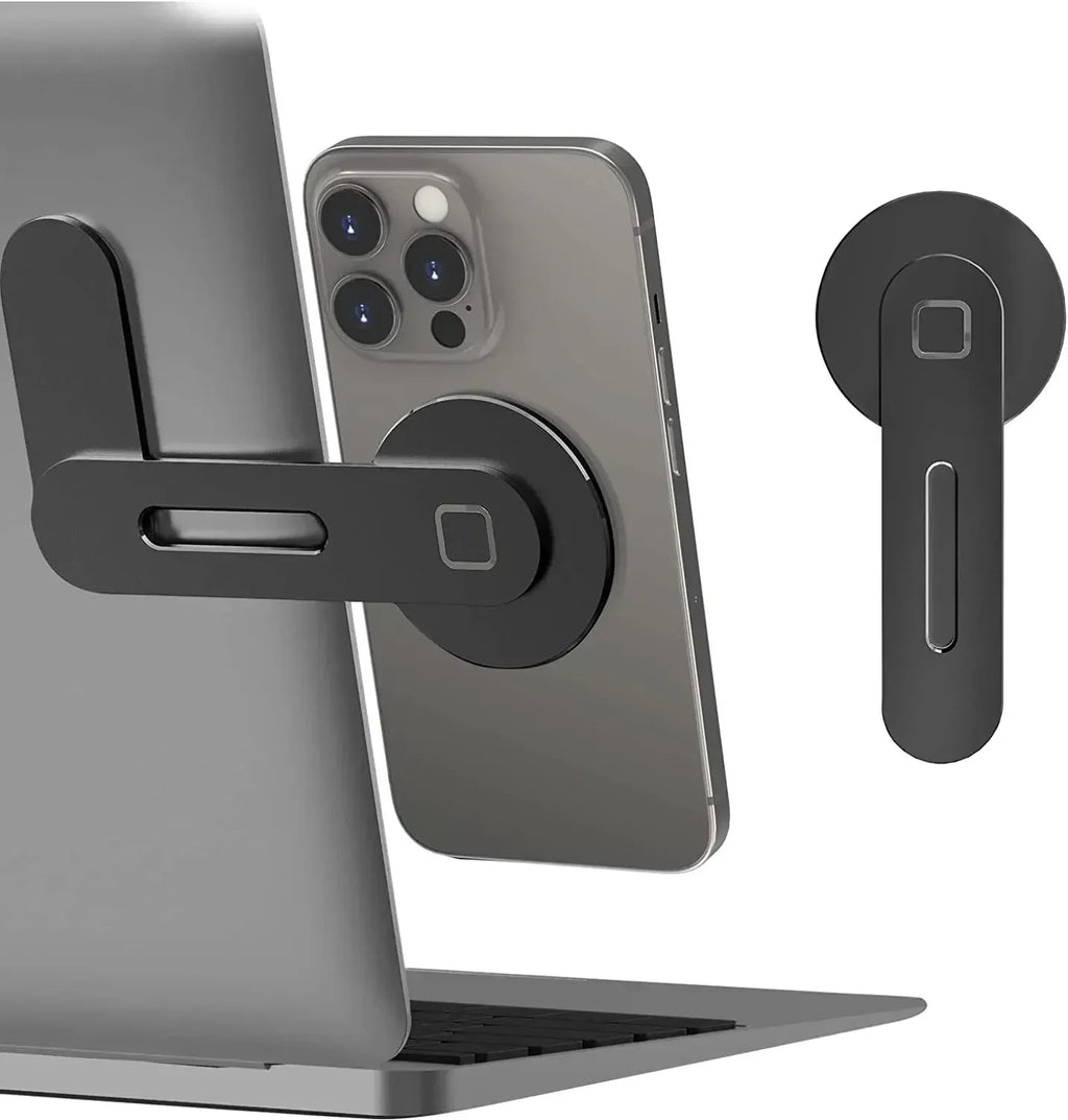Magnetic phone holder mount with foldable arm and circular base, dark gray