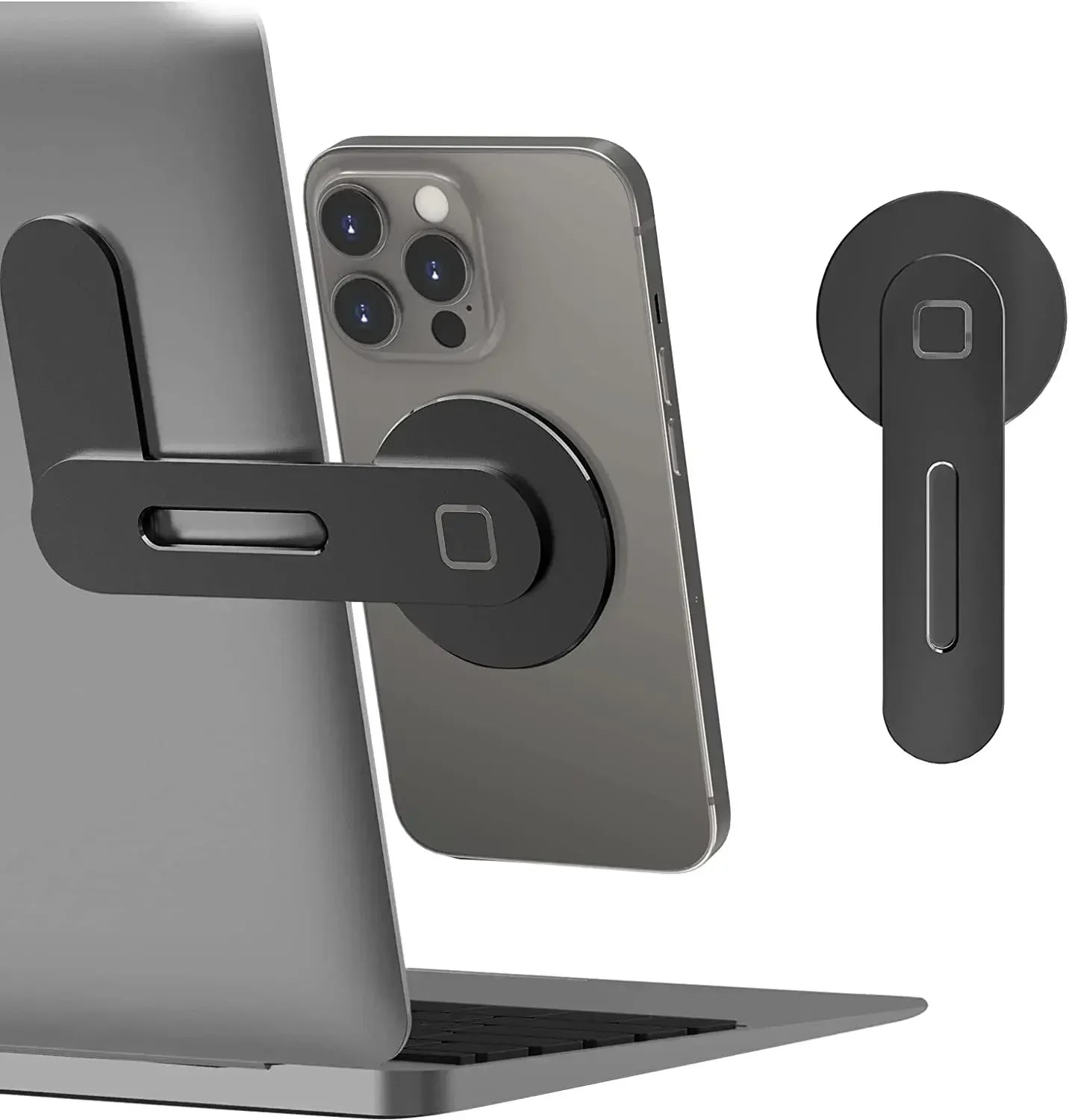 Magnetic phone holder mount with foldable arm and circular base, dark gray