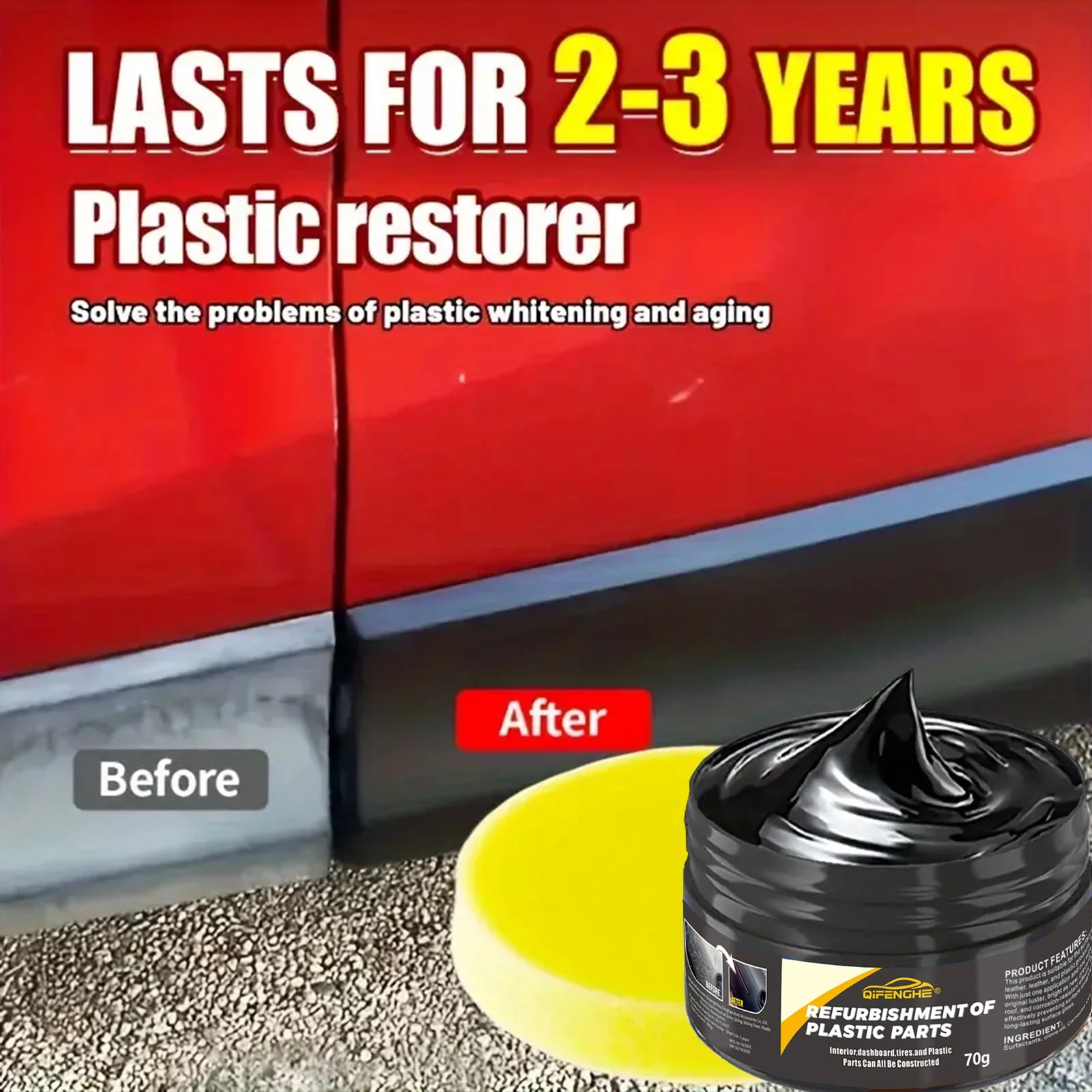 Plastic restorer cream jar with yellow applicator sponge for exterior and interior trim