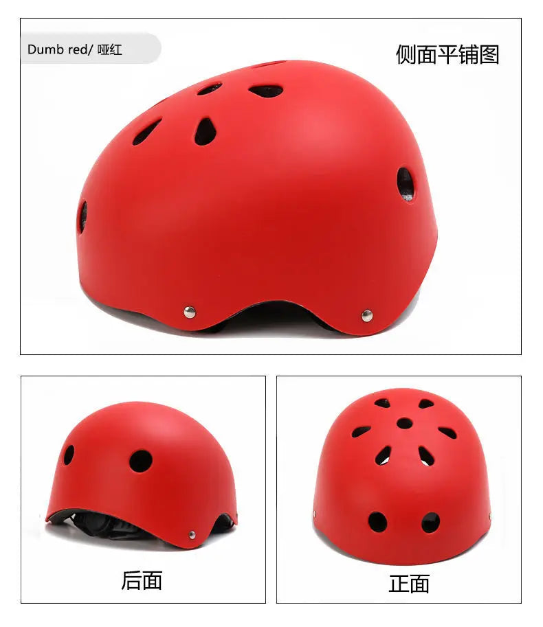 Red kids bike helmet with multiple ventilation holes, shown from front and side.