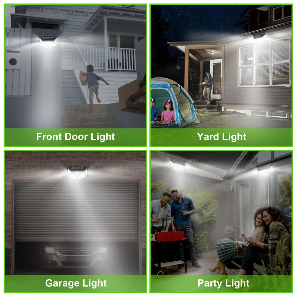 Outdoor solar LED motion light illuminating front door, yard, garage, and party areas