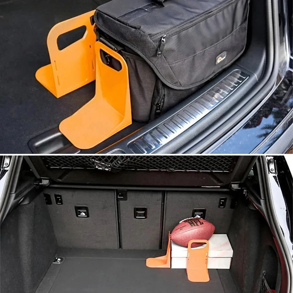 Orange car trunk organizer stand in use on the boot edge for shake-proof storage
