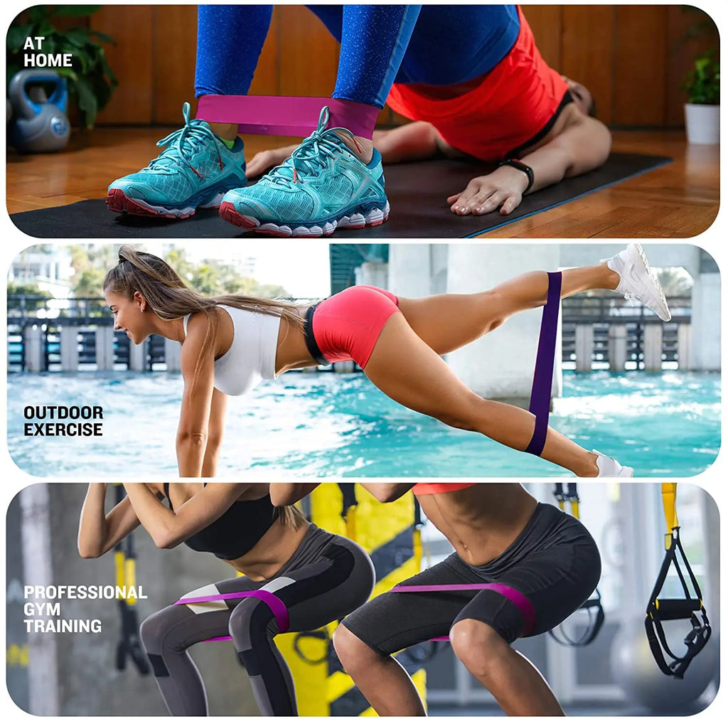 Purple and pink resistance loop bands used for legs and glute training