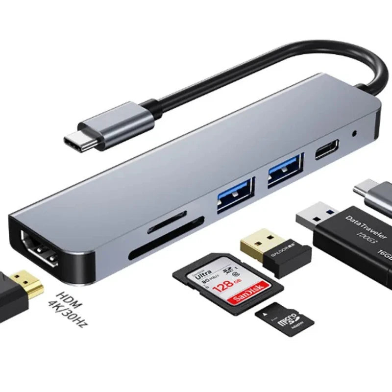 USB-C hub with HDMI output, USB ports, and a card slot for memory cards