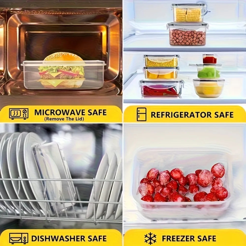 Clear plastic airtight containers with locking lids, arranged for microwave, fridge, and freezer use.