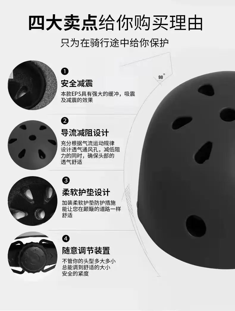 Black bike helmet head protection; close-ups of helmet structure and fit adjuster.