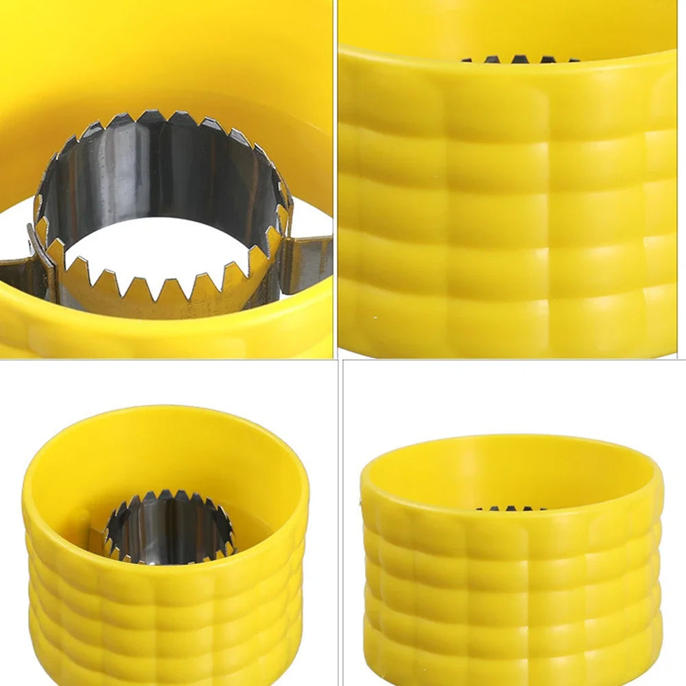 Yellow corn cob stripper tool, circular serrated blade inside shown