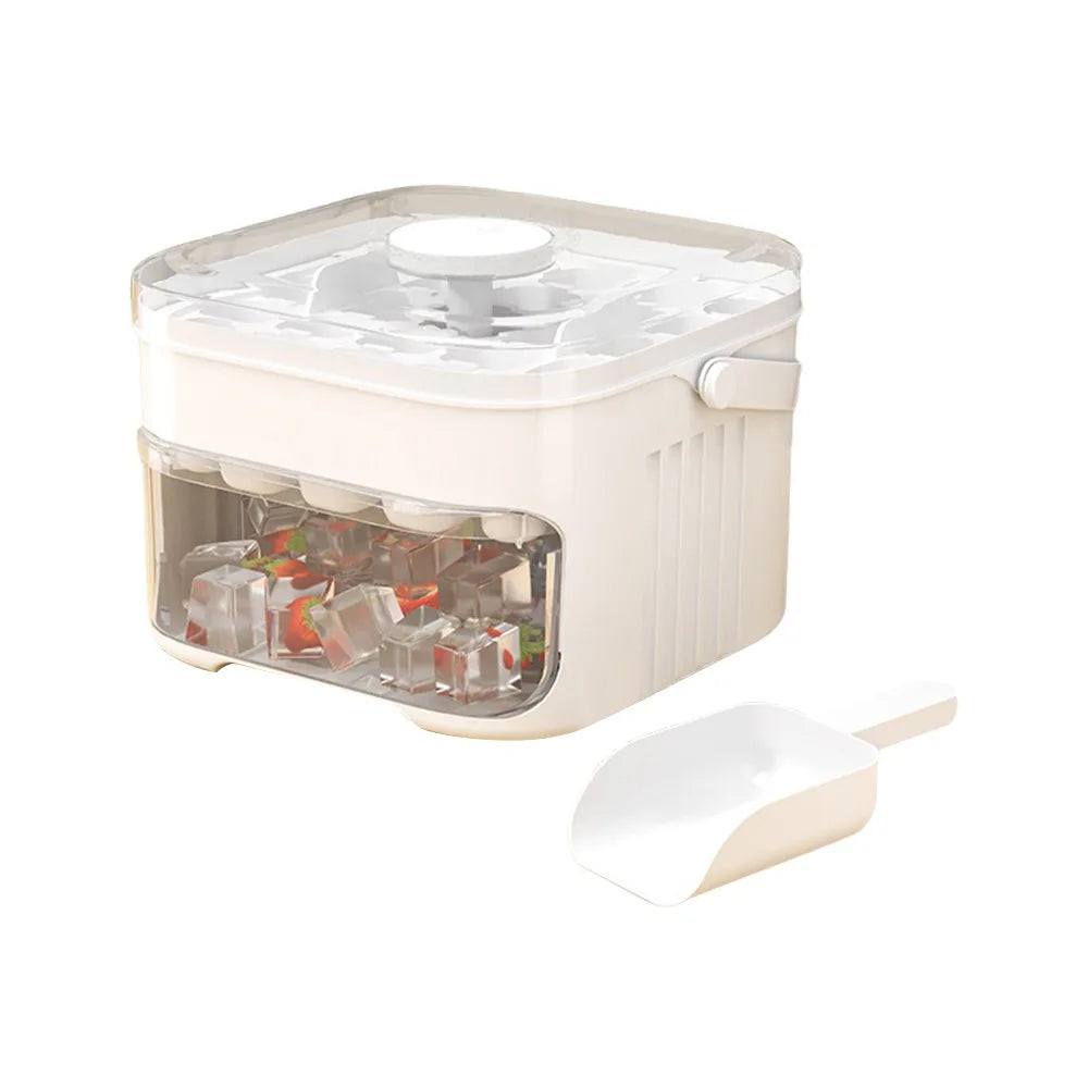 White ice cube maker with clear bin, press handle, and round top fan