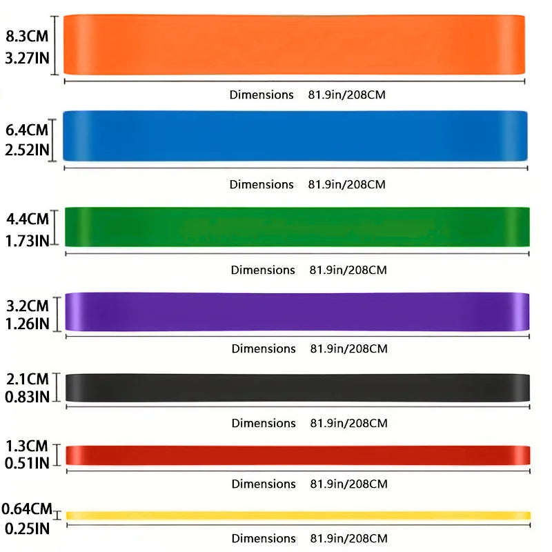 Set of colored resistance bands in red, blue, green, purple, black, and other lengths