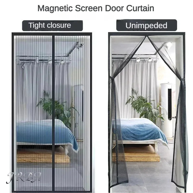 Black double-panel magnetic mesh door curtain for tight closure over a doorway