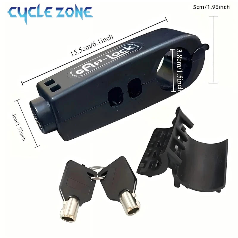 Black portable bicycle brake handlebar lock with two keys and mounting bracket