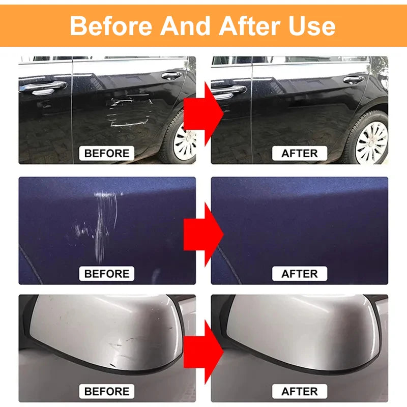 Car scratch remover kit shown in before-and-after comparisons on car paint