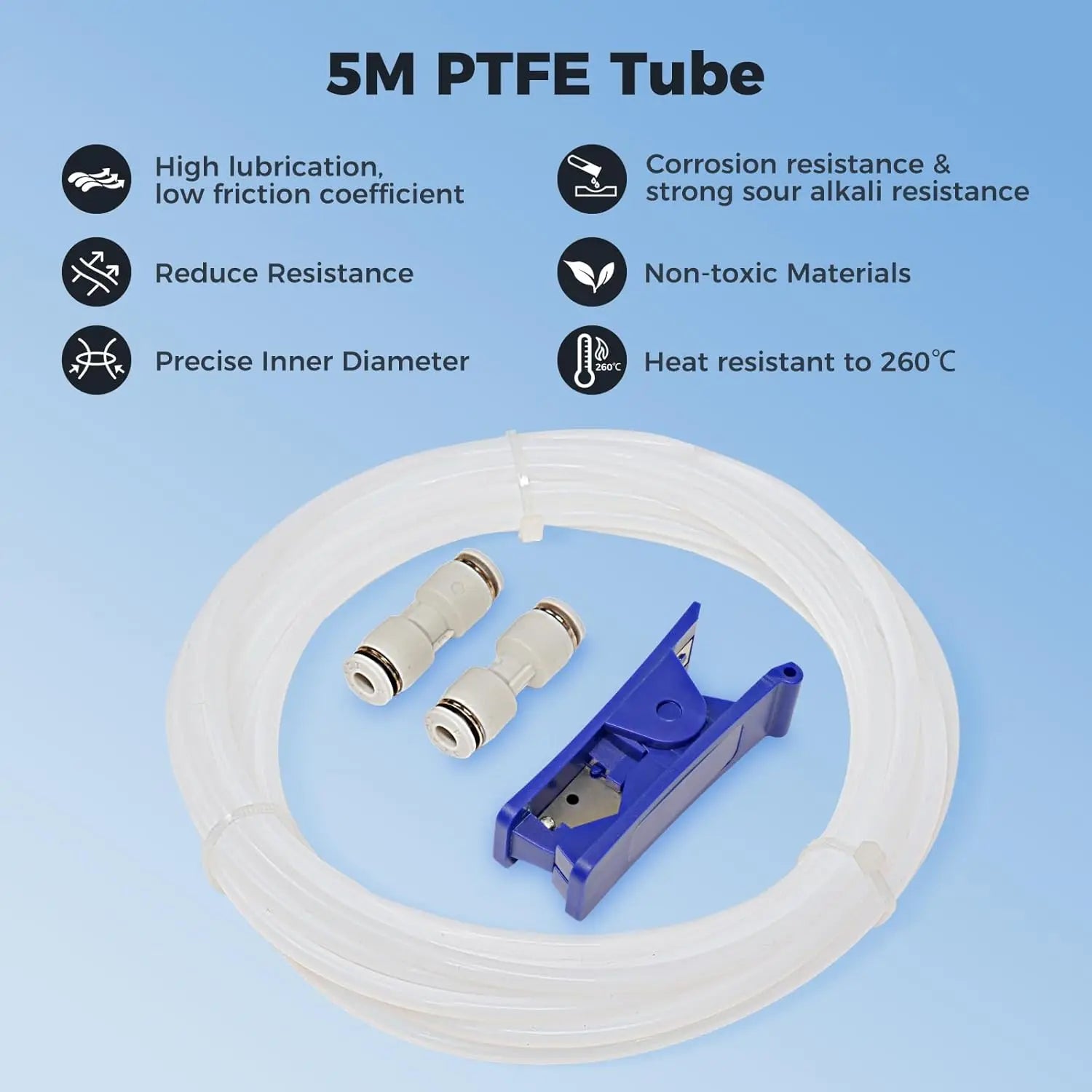 White PTFE tube coil with two gray tube connectors and blue holder plate